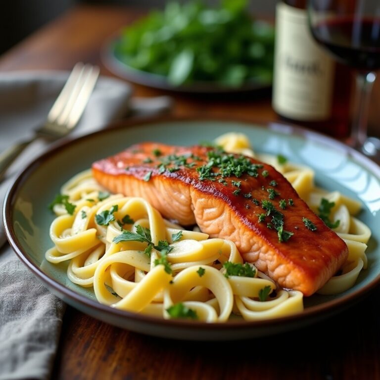 tuscan salmon with creamy garlic alfredo penne recipe