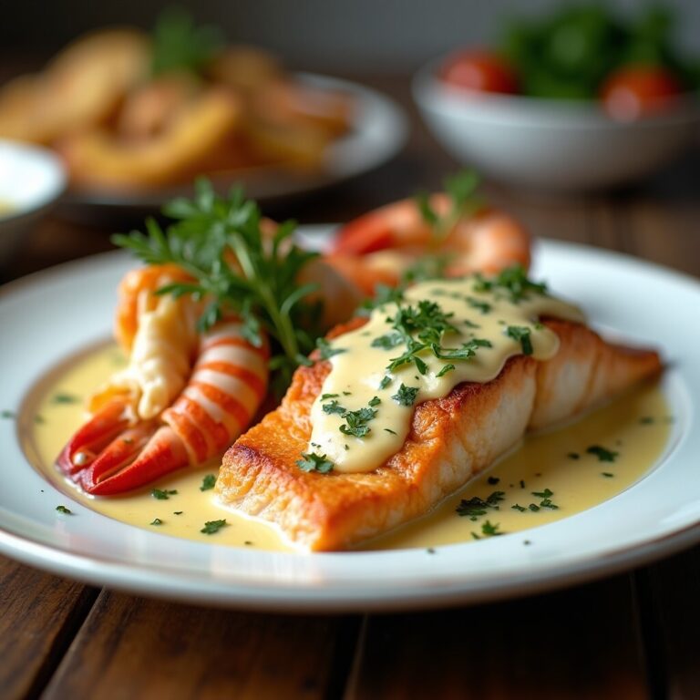 Garlic Butter Salmon + Lobster in Creamy Lemon Parmesan Sauce